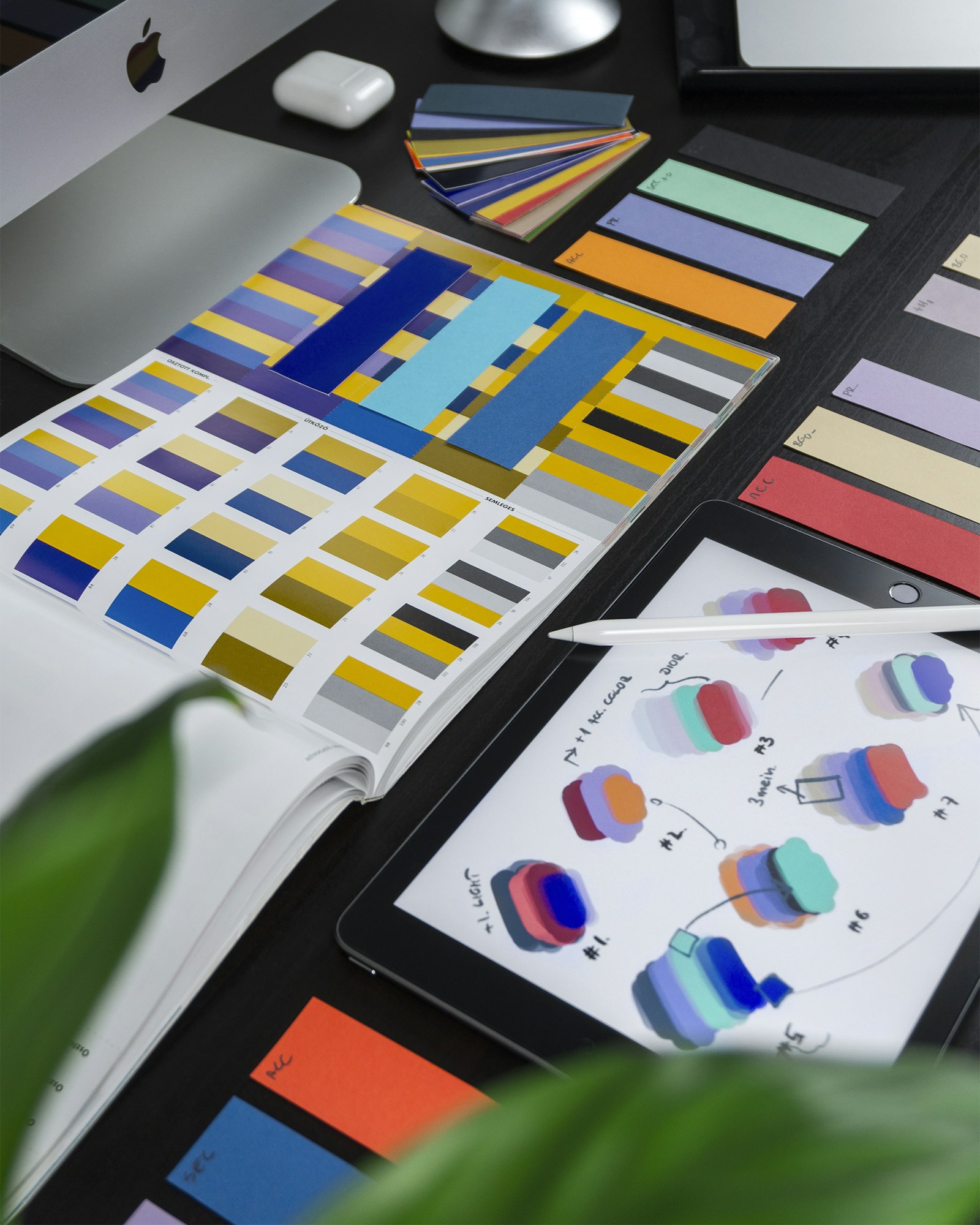 Close-up of a Pantone color chart with professionally labelled swatches