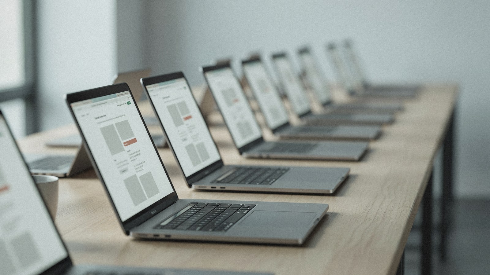 A long row of nearly identical laptops each showing the same generic website layout, illustrating how AI-built sites all look the same
