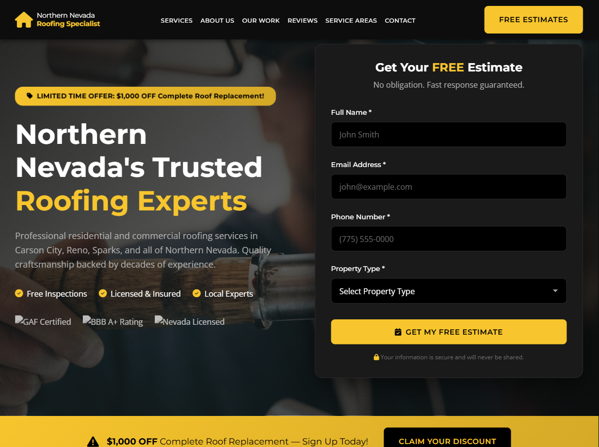 Northern Nevada Roofing Specialist website homepage displayed on desktop and mobile devices showcasing modern design and lead capture form