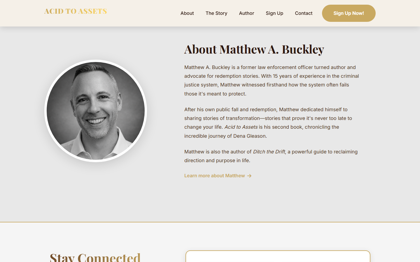 AcidToAssets.com about the author two-column layout with circular headshot of Matthew A. Buckley and biography text