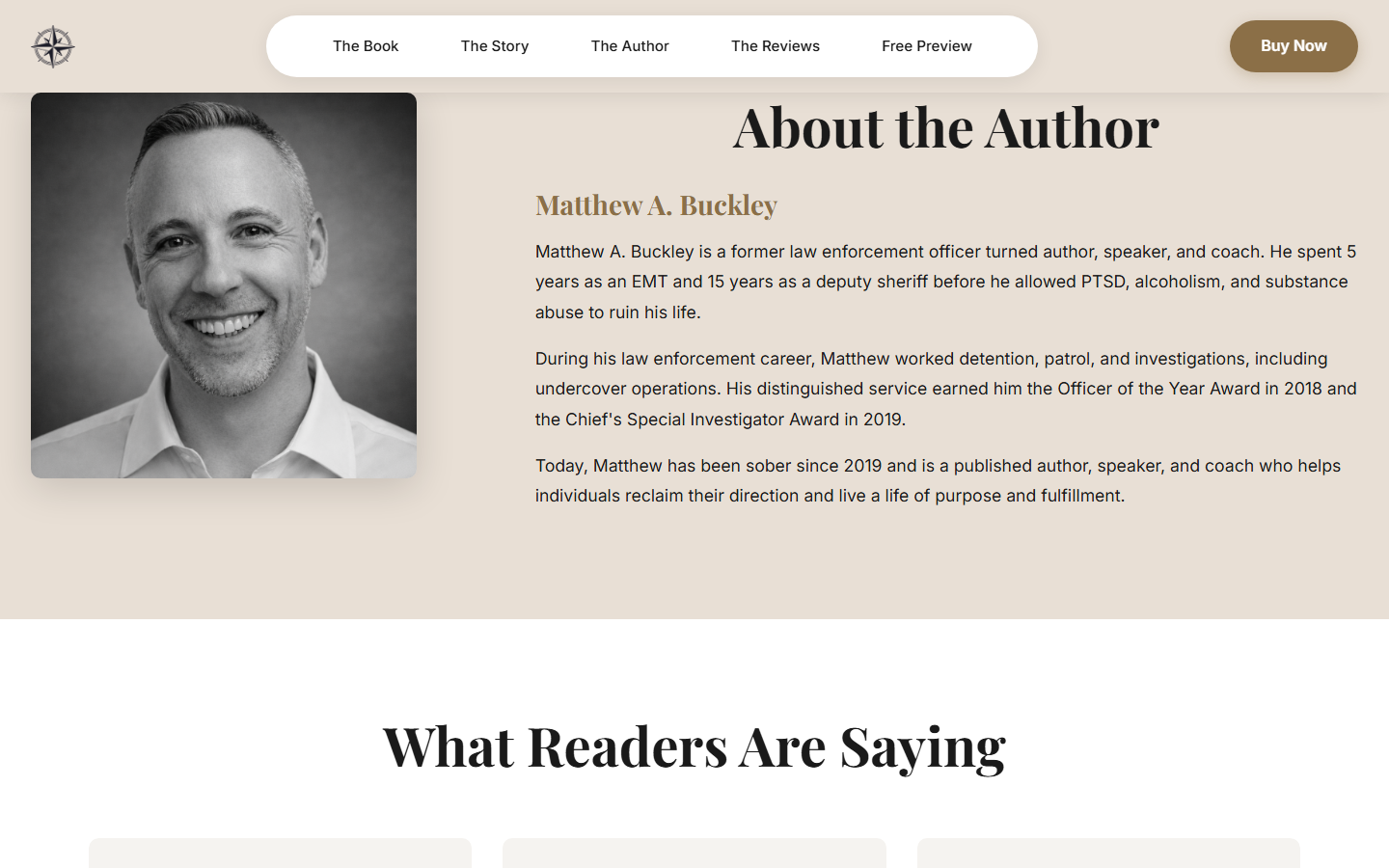 DitchTheDrift.com about the author two-column layout with headshot photograph and biography covering EMT, deputy sheriff, and transformation journey
