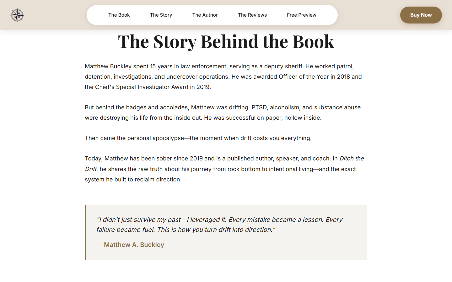 DitchTheDrift.com story section featuring the author's personal narrative of law enforcement career, collapse, and transformation