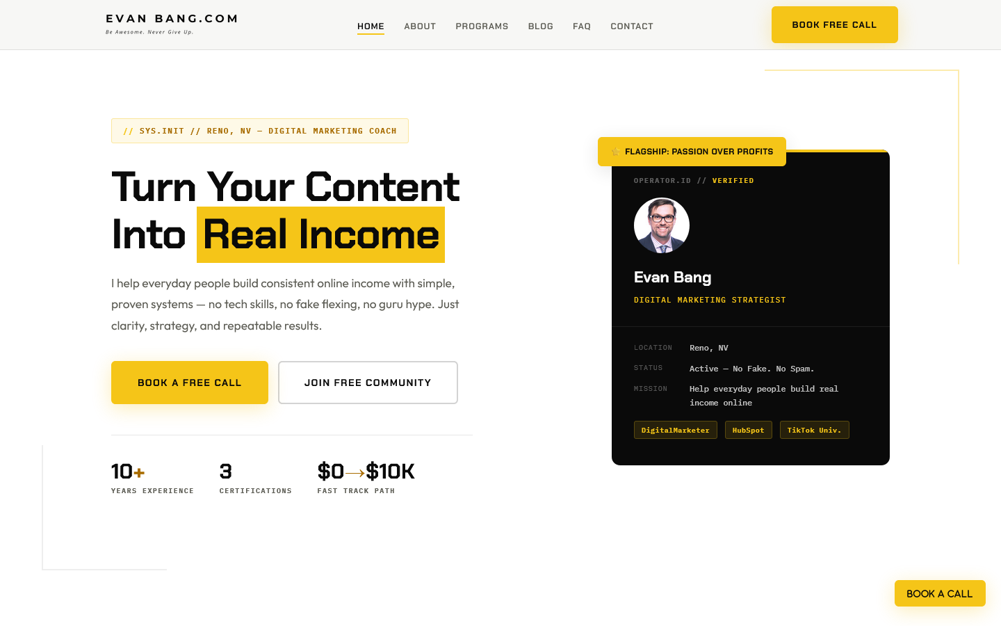 EvanBang.com homepage hero section featuring Evan Bang's professional headshot, bold Chakra Petch typography, credential card, and dual call-to-action buttons