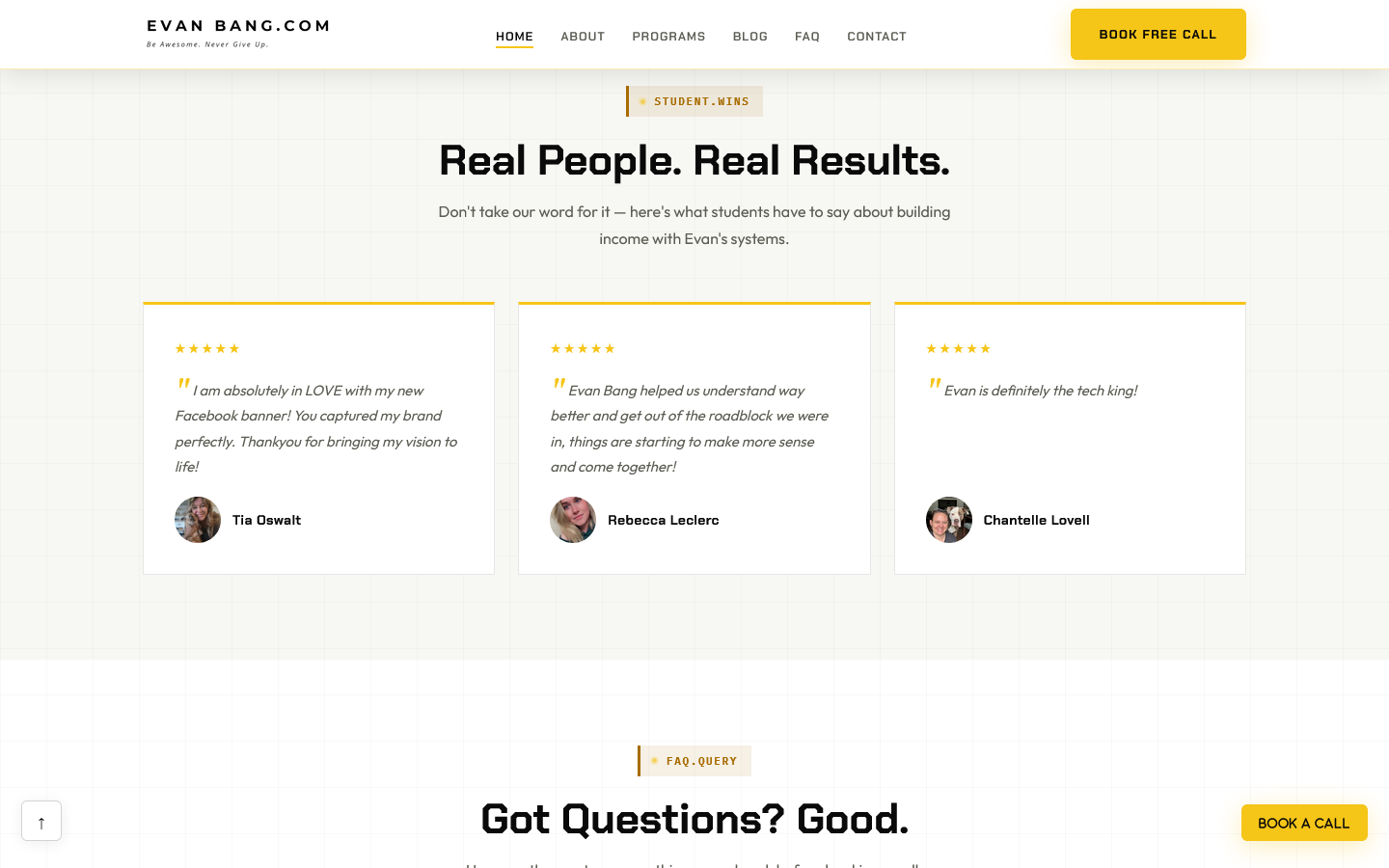 EvanBang.com Real People Real Results testimonials section with three verified client reviews, circular avatars, and five-star ratings