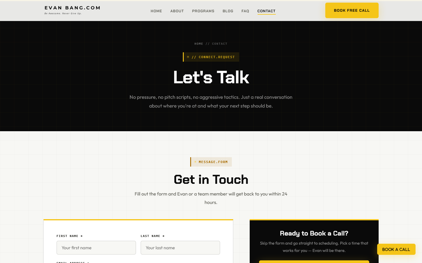 EvanBang.com contact page with functional AJAX-powered form and sidebar featuring Calendly booking, email, location, and social links