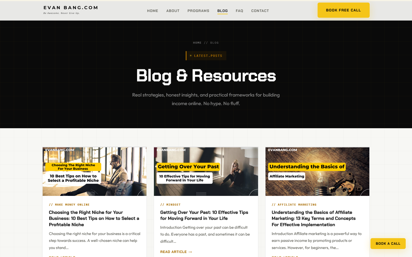 EvanBang.com WordPress blog archive page with responsive card grid, category labels, read-time estimates, and featured images