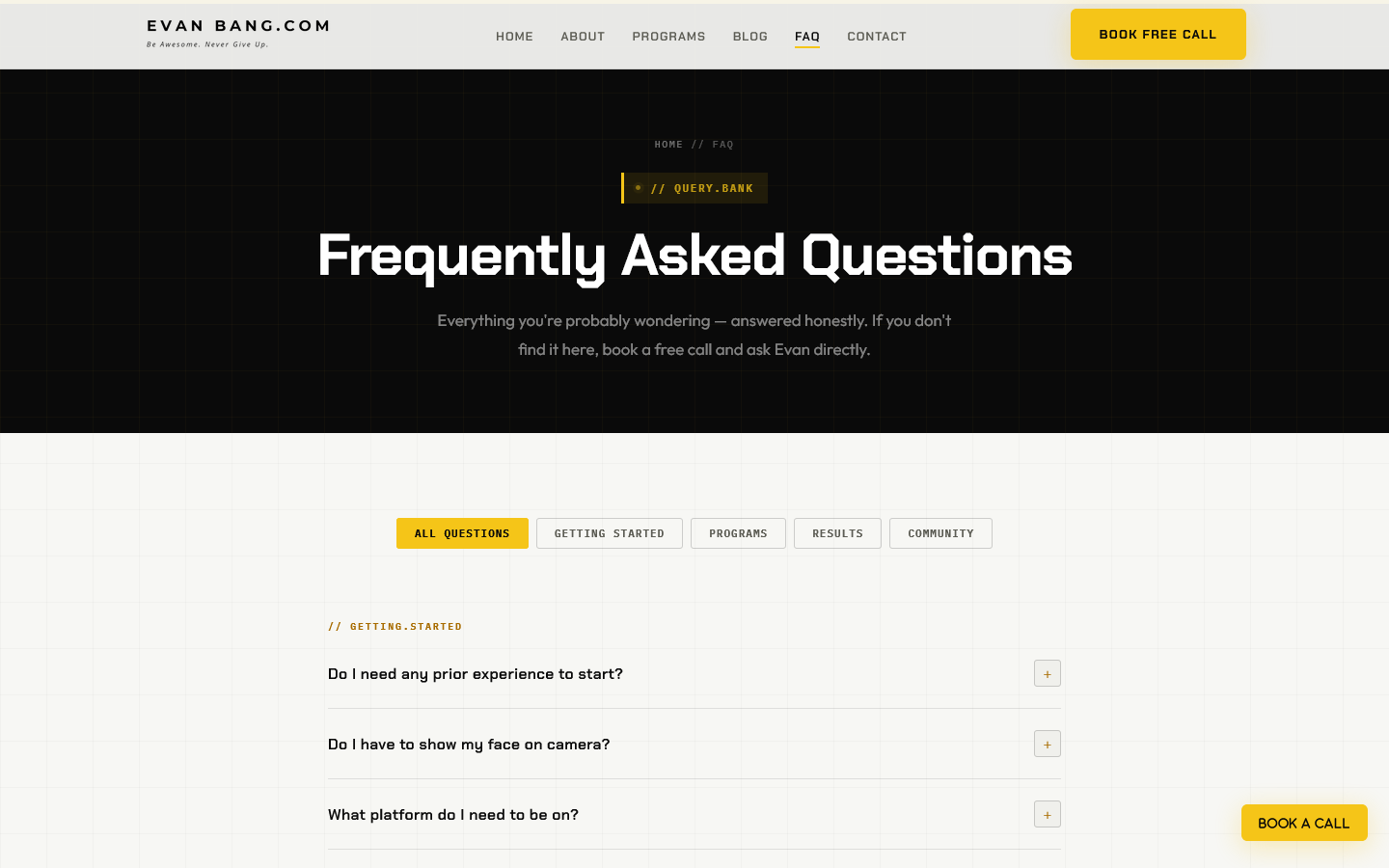 EvanBang.com FAQ page with categorized, filterable questions in an accordion layout with topic filter buttons