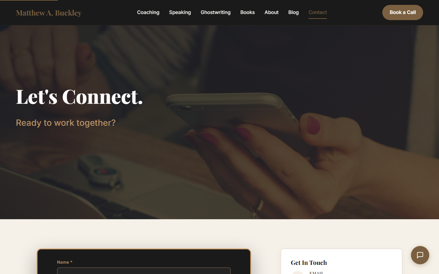 MatthewABuckley.com contact page with hero, validated contact form, and response time card