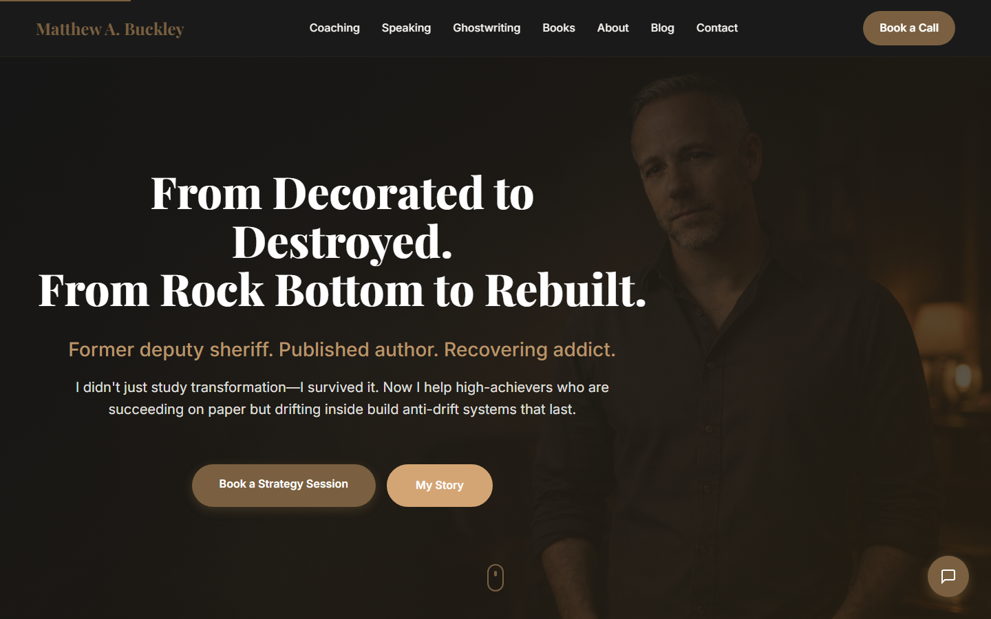 MatthewABuckley.com homepage hero with full-bleed AI-generated portrait, left-aligned headline typography in Playfair Display, and dual CTA buttons